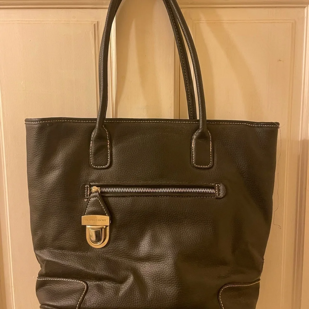 Victoria's Secret Black Leather Shoulder Bag with Gold Accents